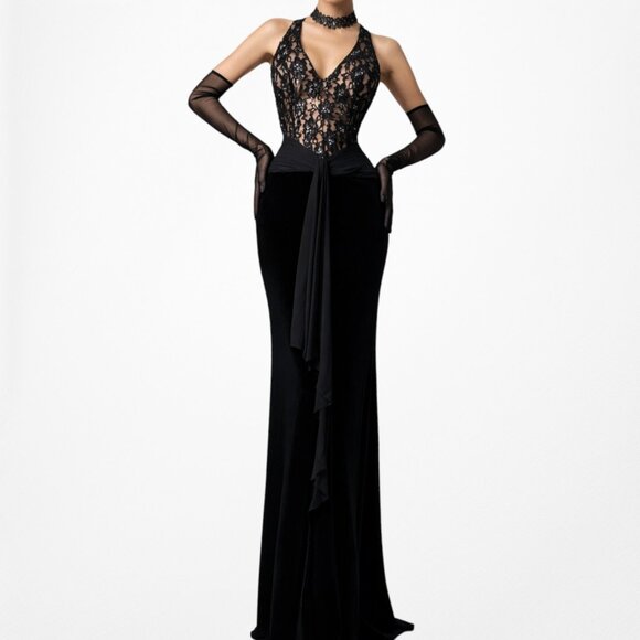 Vintage Y2K 90s Black Velvet Lace Beaded Bodycon Maxi Formal Prom Dress  Size S